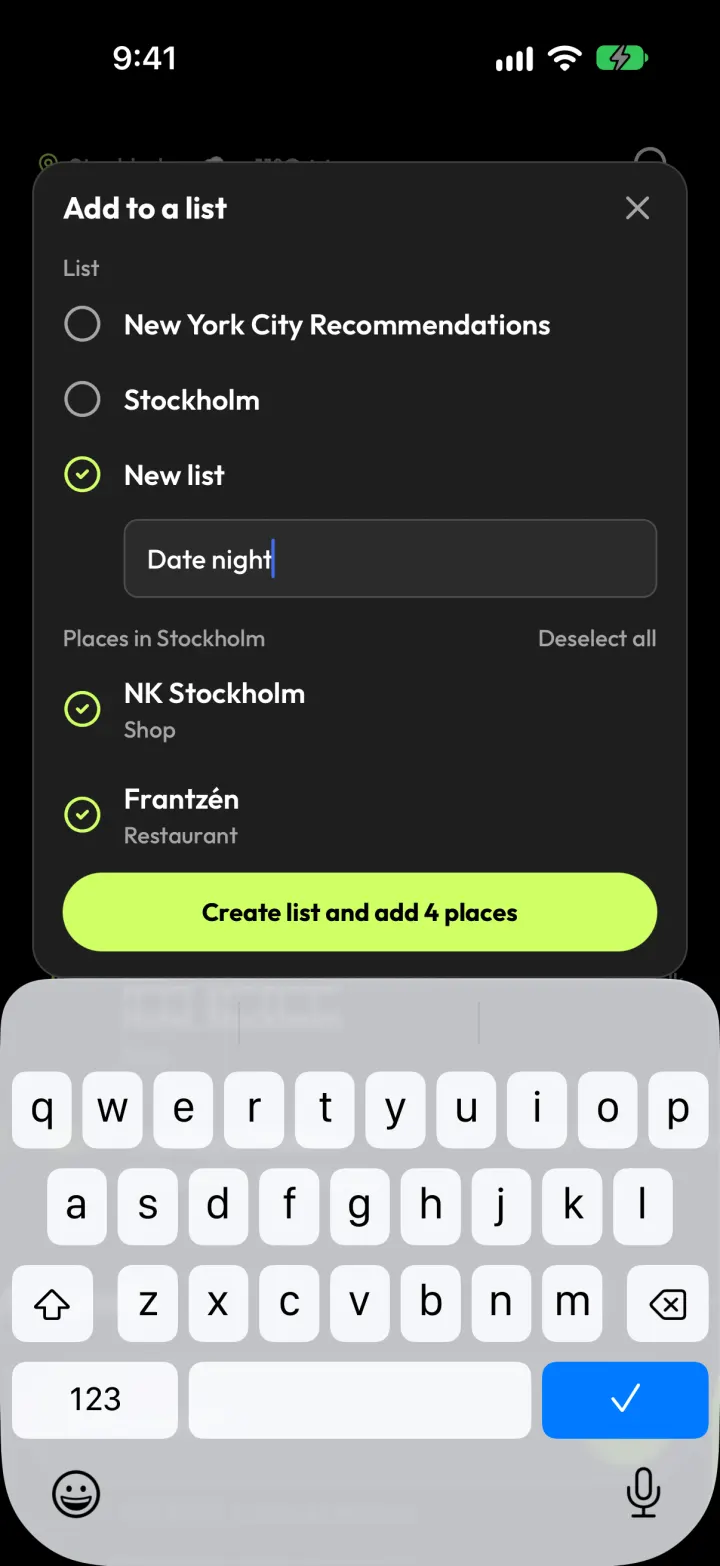 Naming a new list “Date night” and choosing places