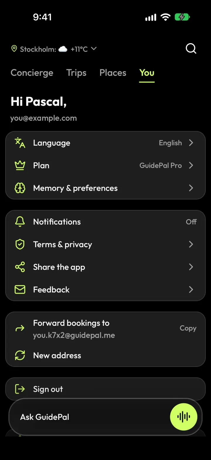 The You tab with your personal guidepal booking address and a Copy button