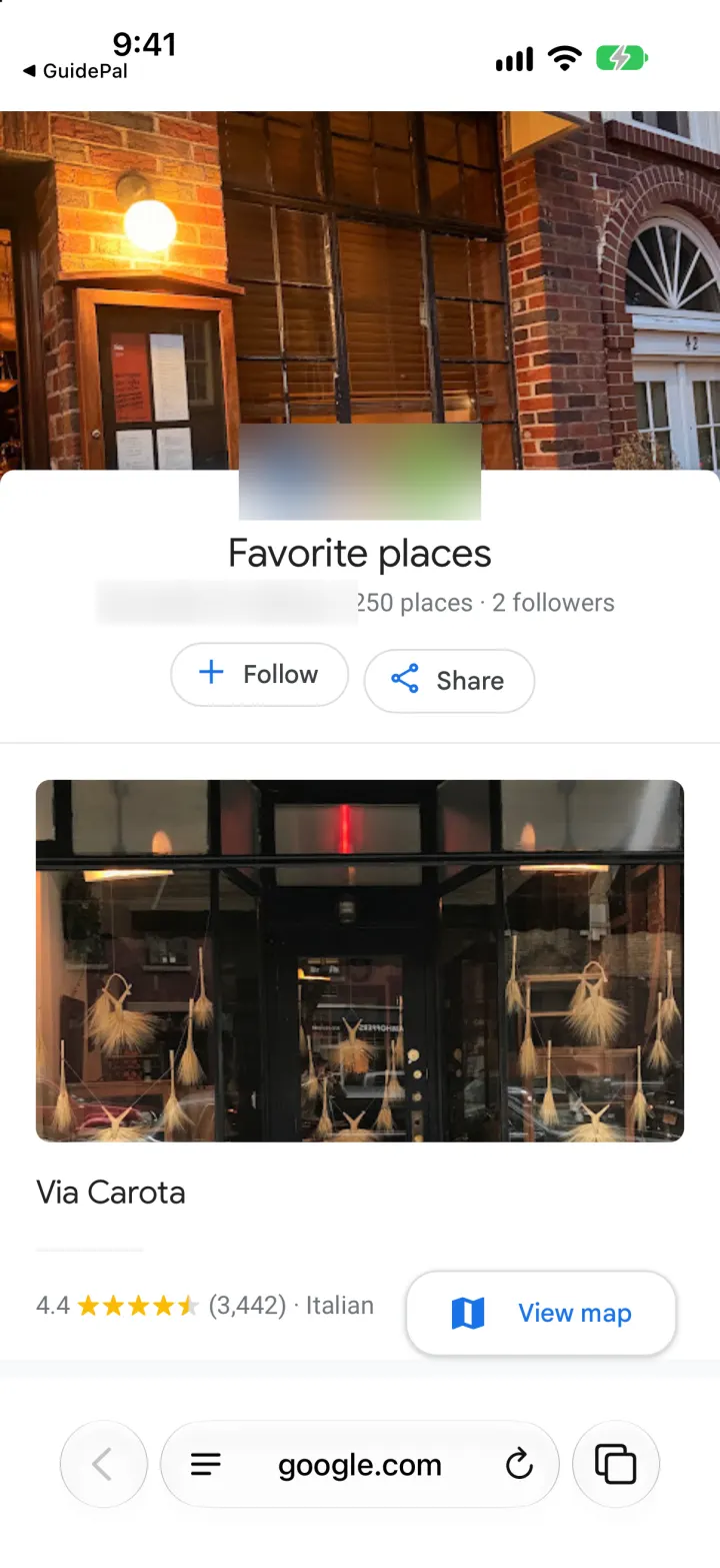 A shared Google Maps list of favourite places