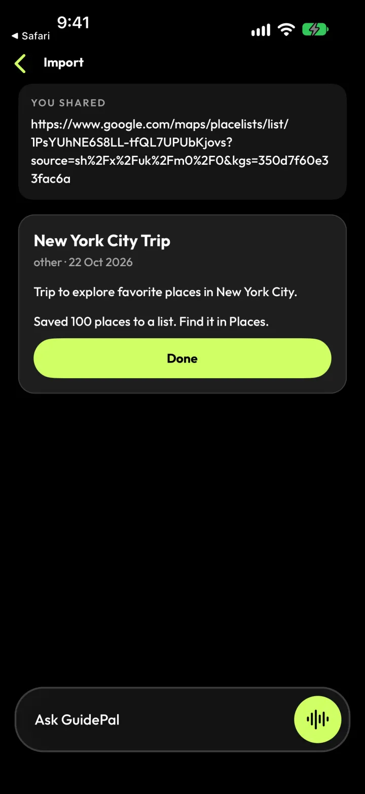 guidepal saved 100 places from the Google Maps list