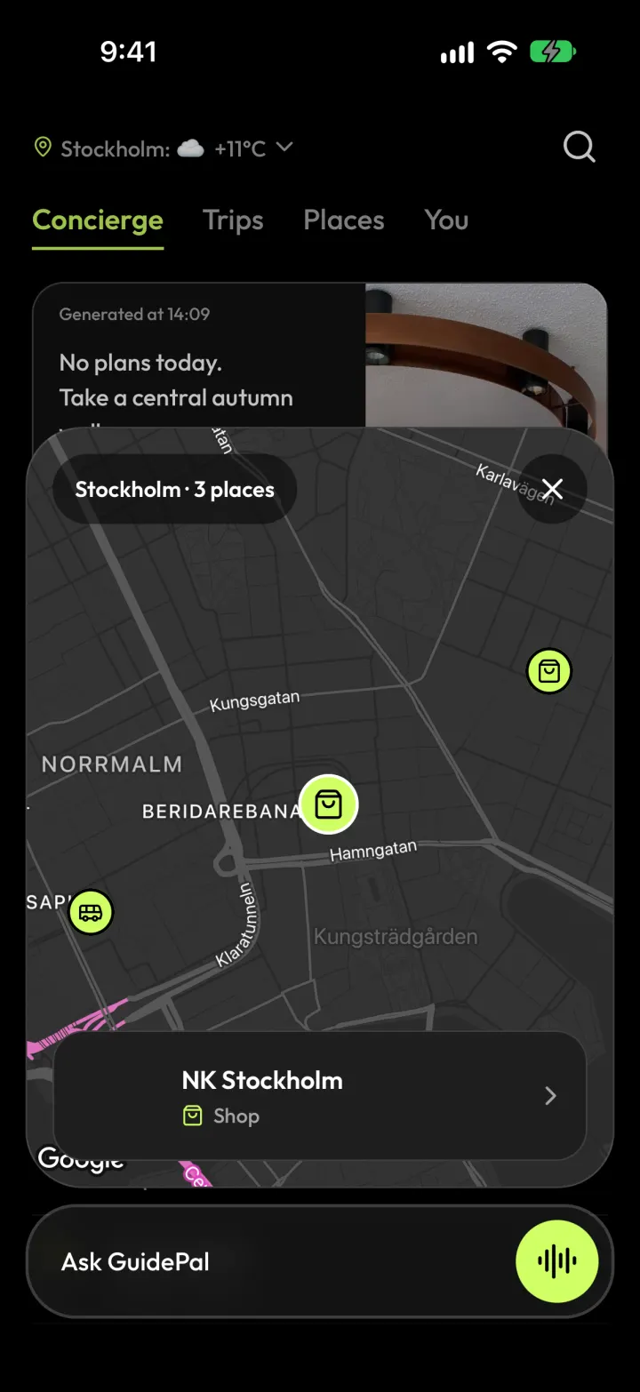 A map pin selected, showing NK Stockholm